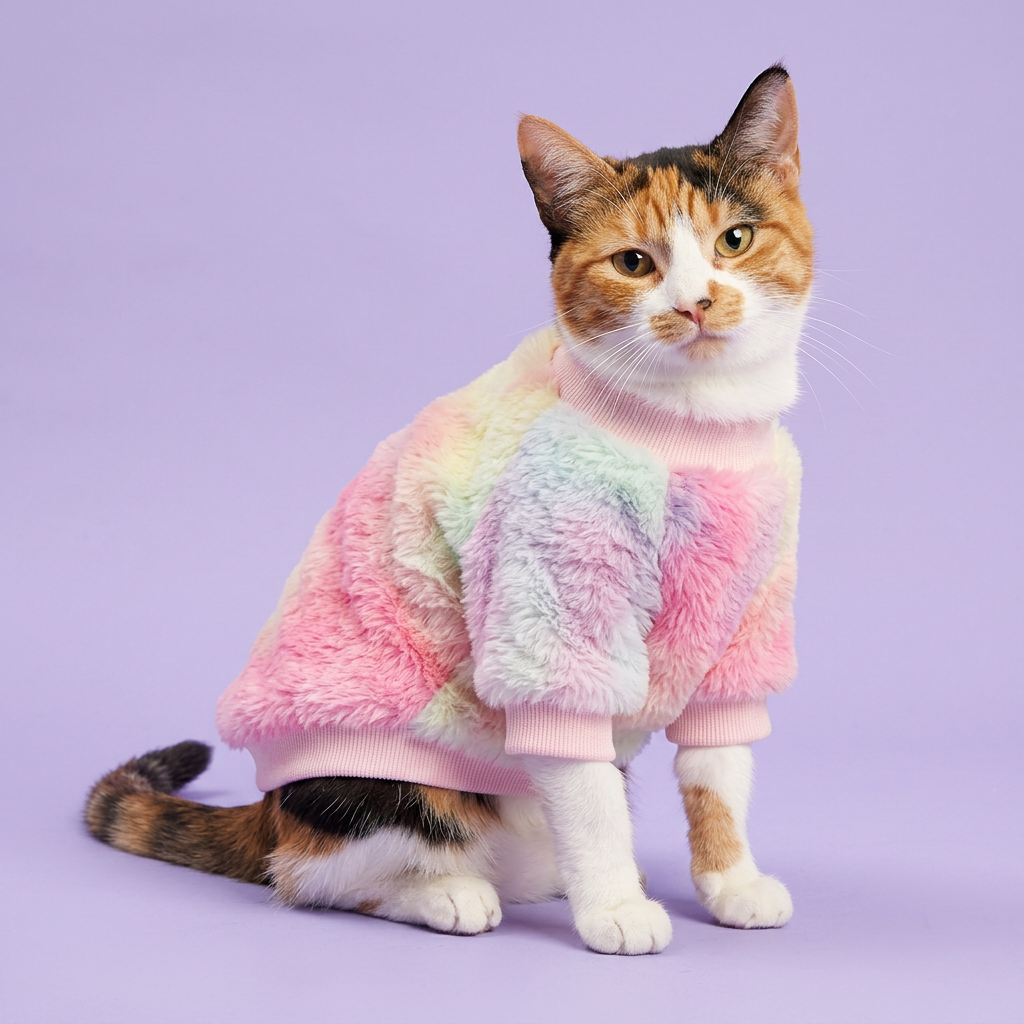 Calico seated in the pastel pullover