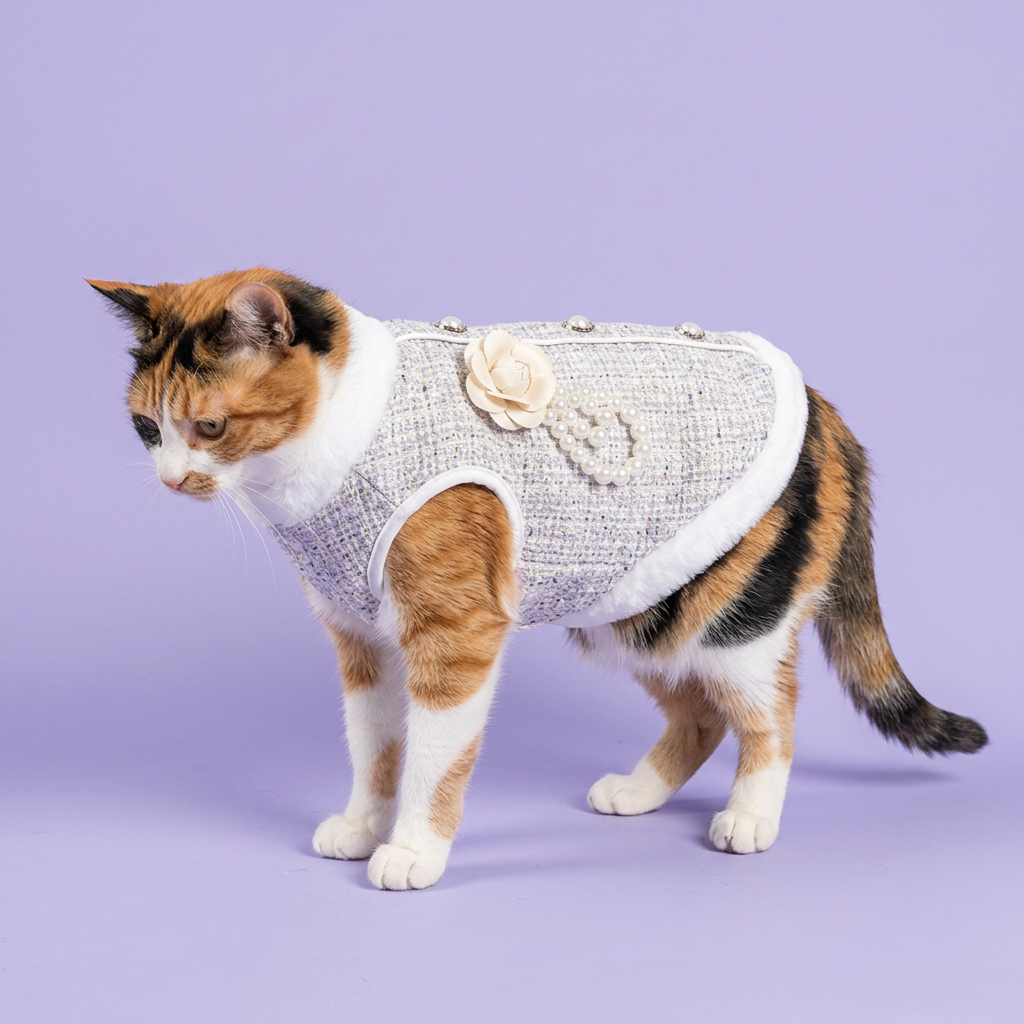 Calico standing side-on in the silver-white jacket