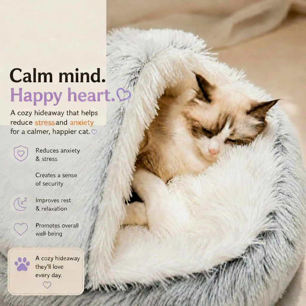 Ragdoll cat nestled inside a grey long-pile plush hooded cave pet bed with calming benefits infographic — reduces anxiety and stress, creates a sense of security, improves rest and relaxation, promotes overall well-being
