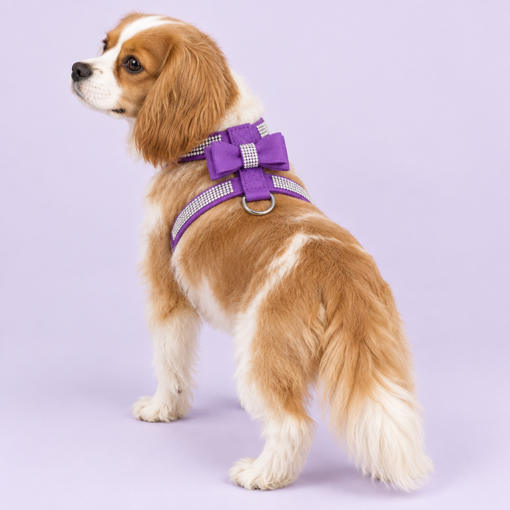 Caramel-and-white dog in the correctly structured purple harness
