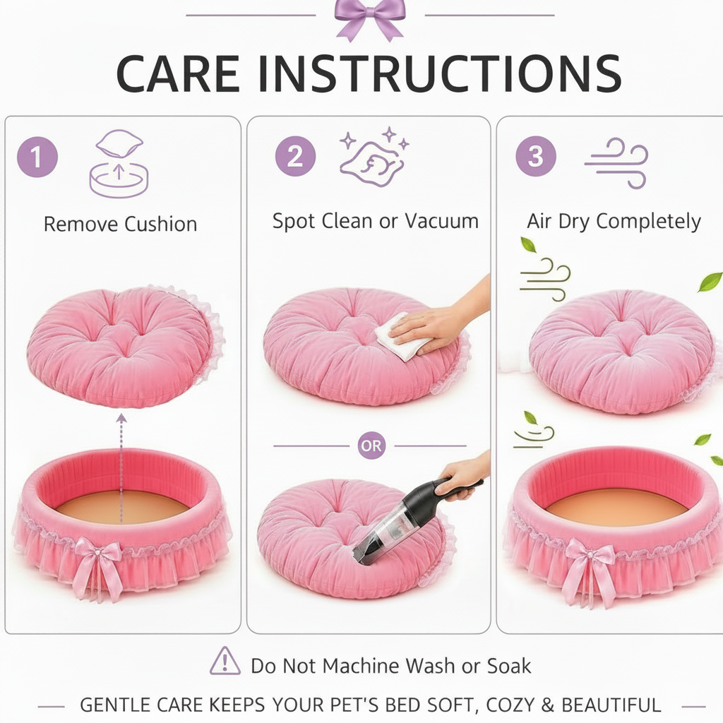 Care instructions graphic for pink ruffle pet bed showing three steps: remove cushion, spot clean or vacuum, and air dry completely, with do not machine wash warning, lavender bow accent and purple numbered icons, white background
