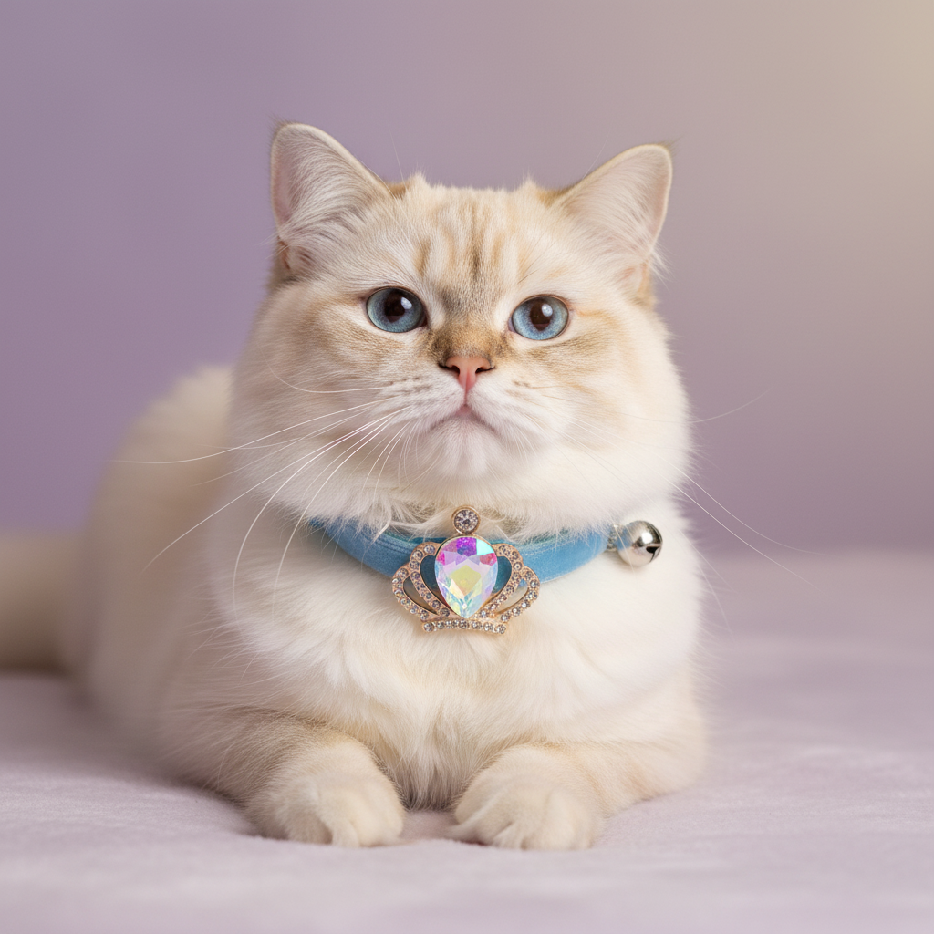 Blue-eyed cream tabby cat lounging in loaf position and facing forward wearing a blue velvet cat collar with rhinestone crown AB gem centerpiece and bell on lavender background