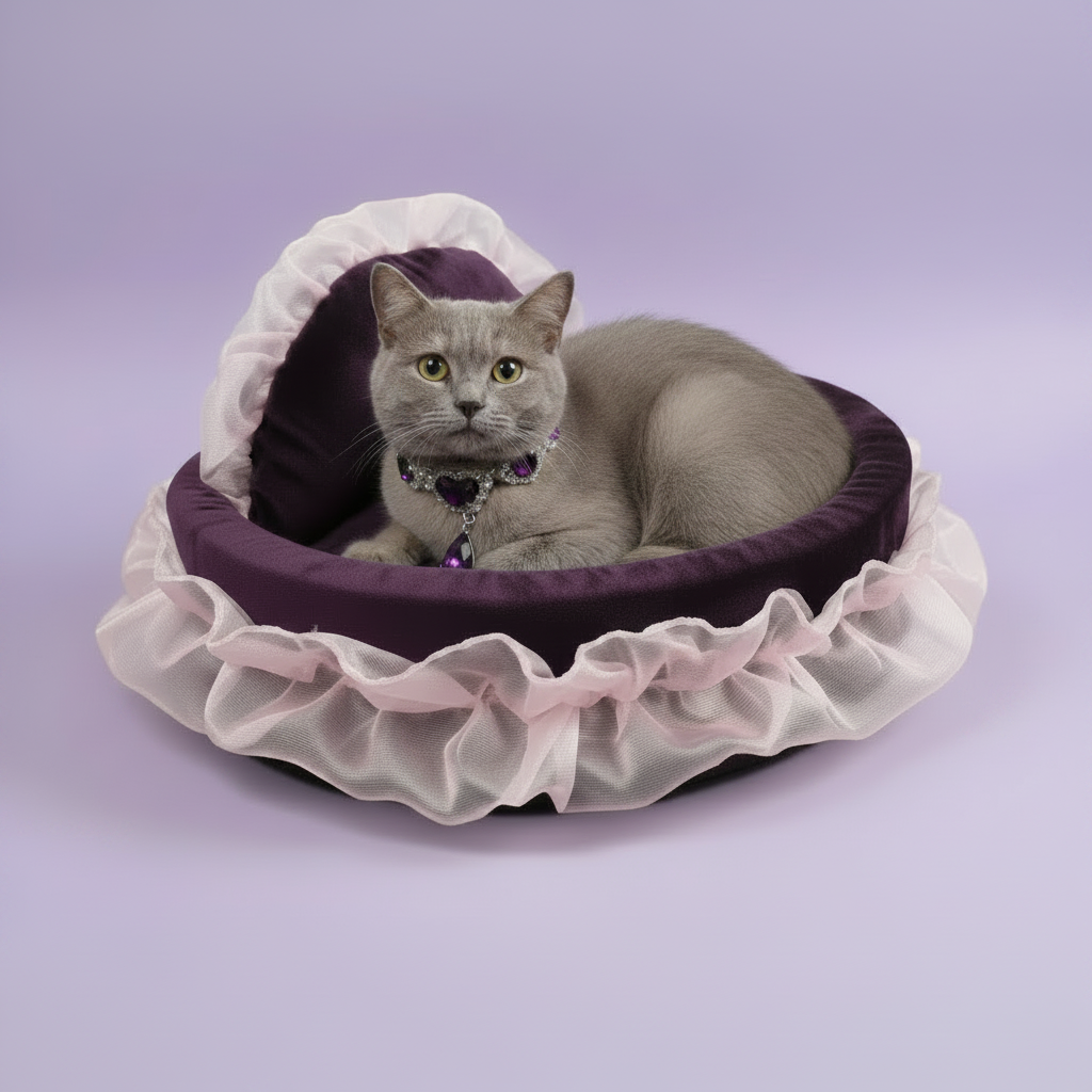 Grey British Shorthair cat wearing a crystal and amethyst heart charm collar resting in a deep purple velvet heart-shaped ruffle pet bed with sheer blush pink chiffon ruffle trim, lavender background