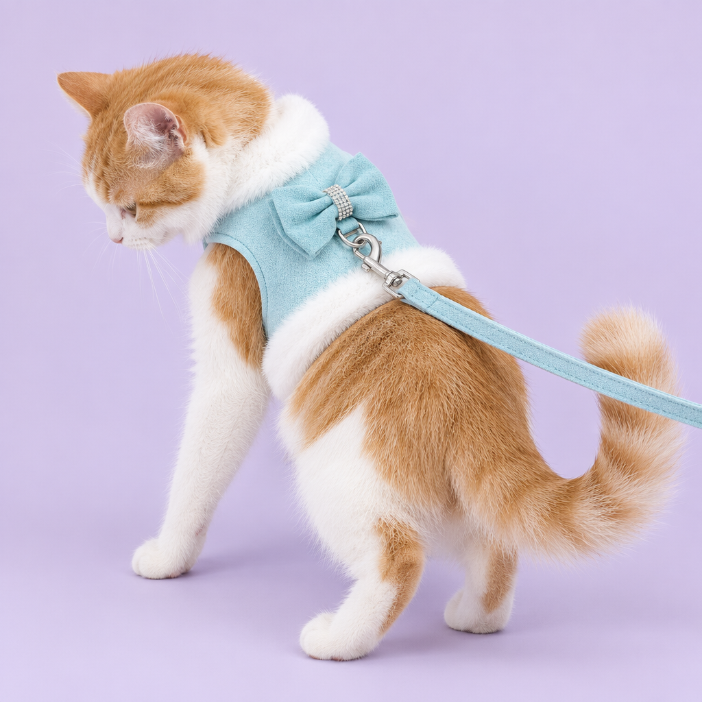 Cat in aqua harness