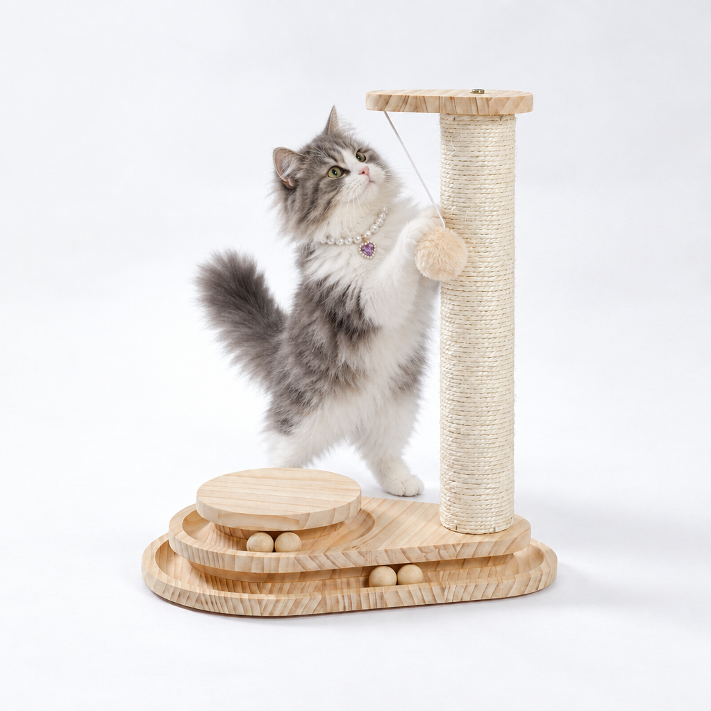 Cat in pearl and purple heart collar playing with the scratching post