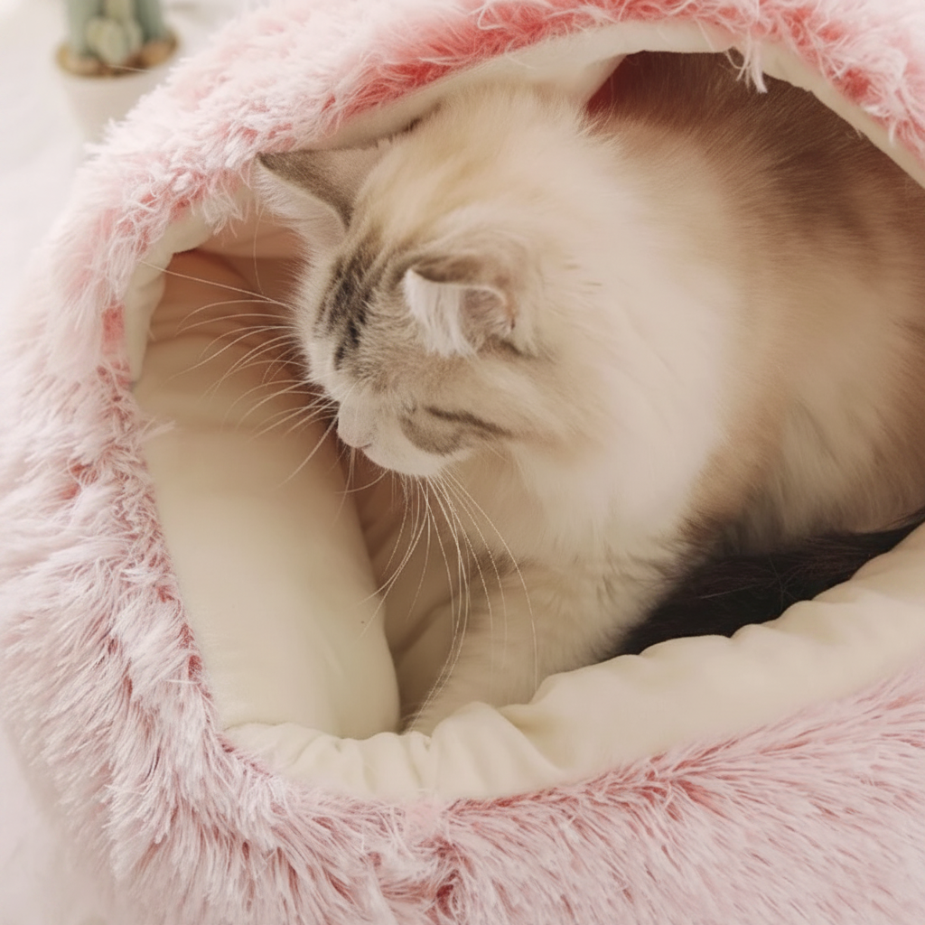 Ragdoll cat curled up and resting inside a blush pink long-pile plush hooded cave pet bed, close-up lifestyle shot