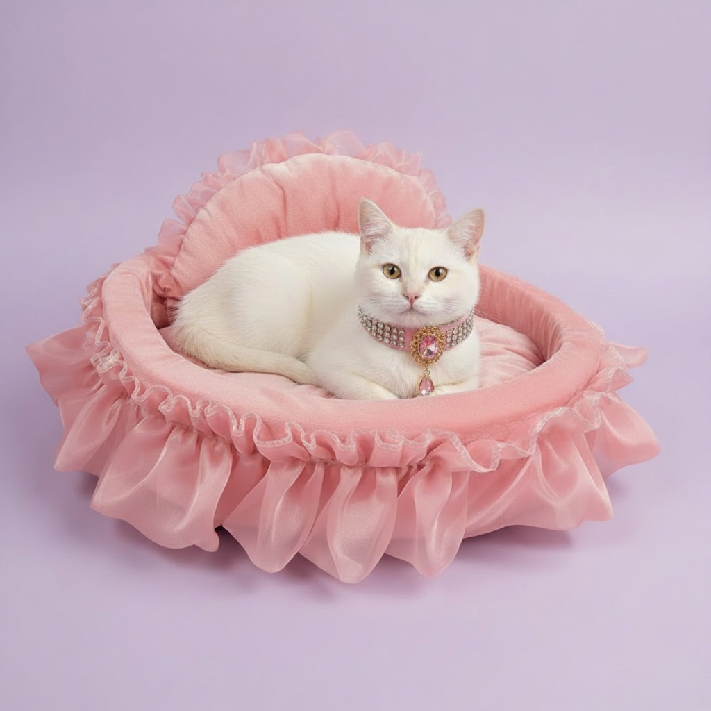 White cat wearing a crystal and pink gemstone pendant collar resting in a dusty rose blush pink velvet heart-shaped ruffle pet bed with matching chiffon ruffle trim, lavender background