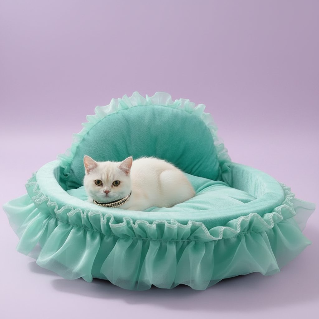 White cat wearing a silver crystal collar resting in a mint teal velvet heart-shaped ruffle pet bed with matching sheer chiffon ruffle trim, lavender background