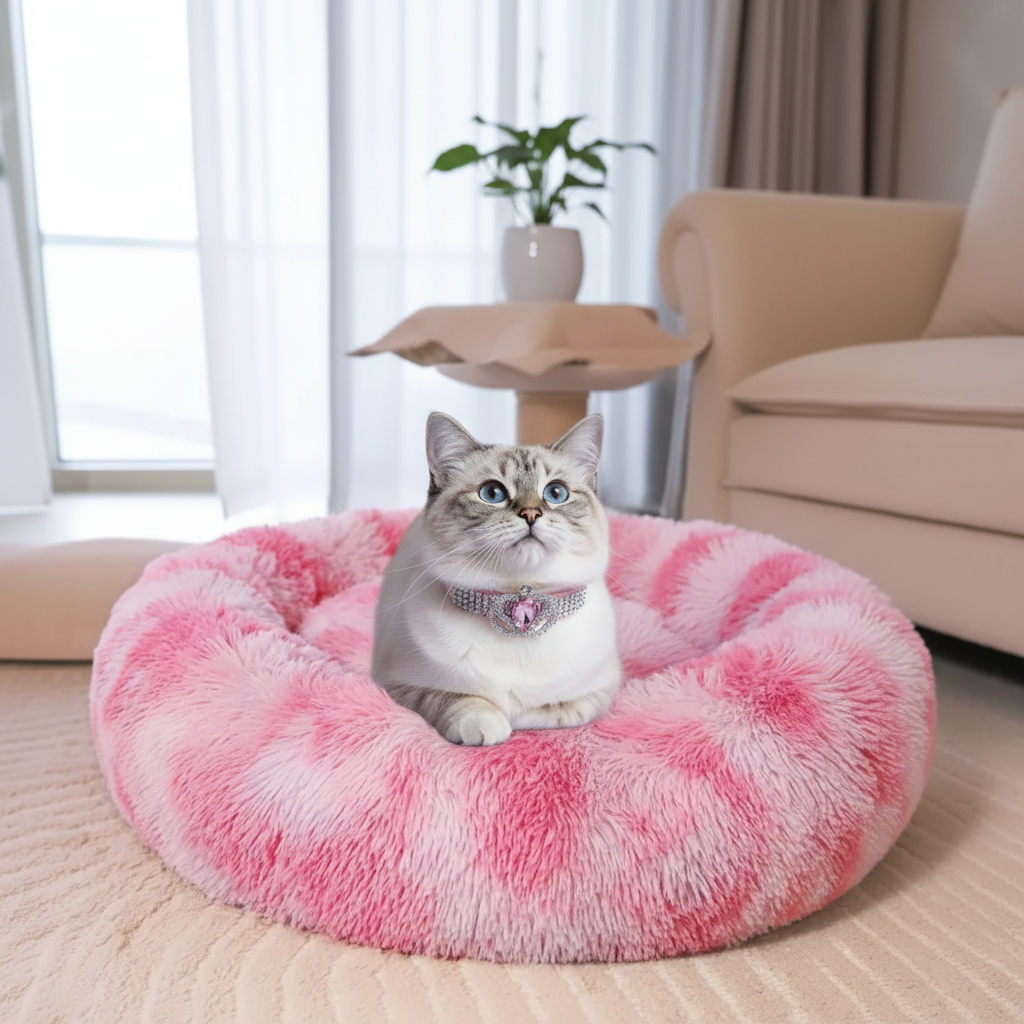 Blue-eyed tabby cat wearing a crystal rhinestone collar sitting in a round pink tie-dye shaggy faux fur donut calming pet bed in a bright modern living room