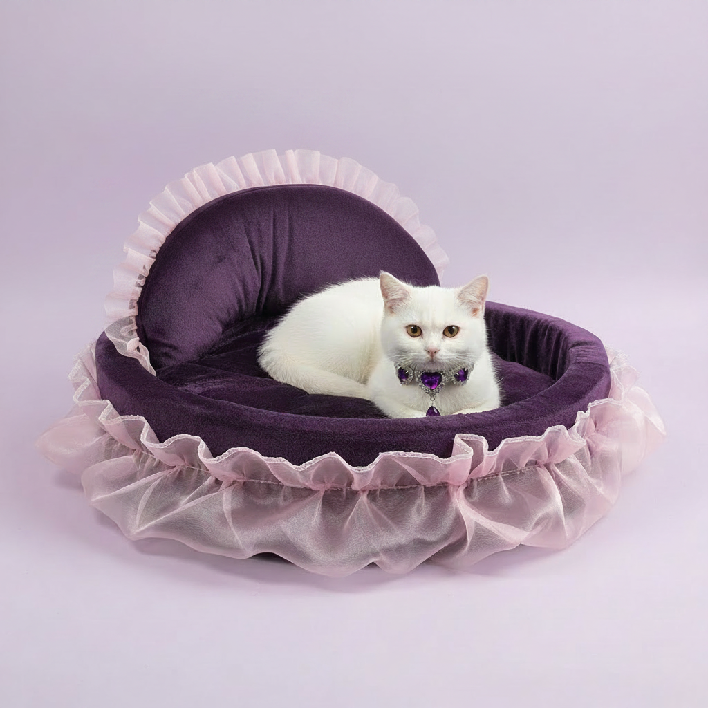 White cat wearing an amethyst crystal heart pendant collar resting in a deep purple velvet heart-shaped ruffle pet bed with sheer blush pink chiffon ruffle trim and matching pink ruffle backrest trim, lavender background
