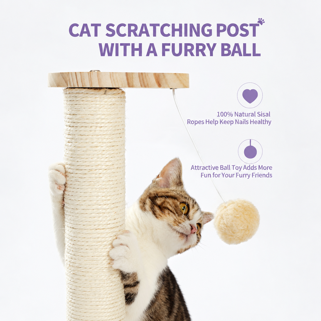 Cat Scratching Post with a Furry Ball graphic, square