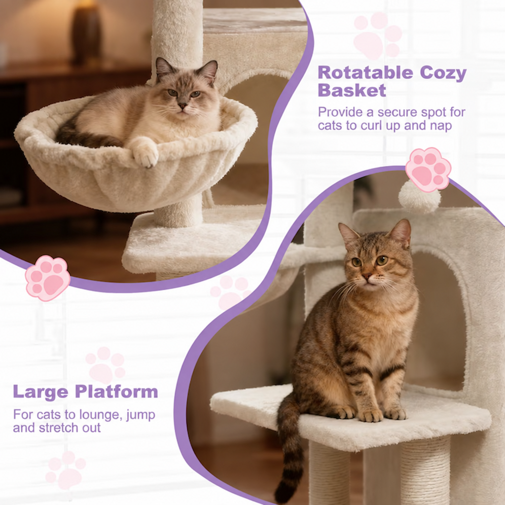 Cat tower basket and platform graphic with lavender accents