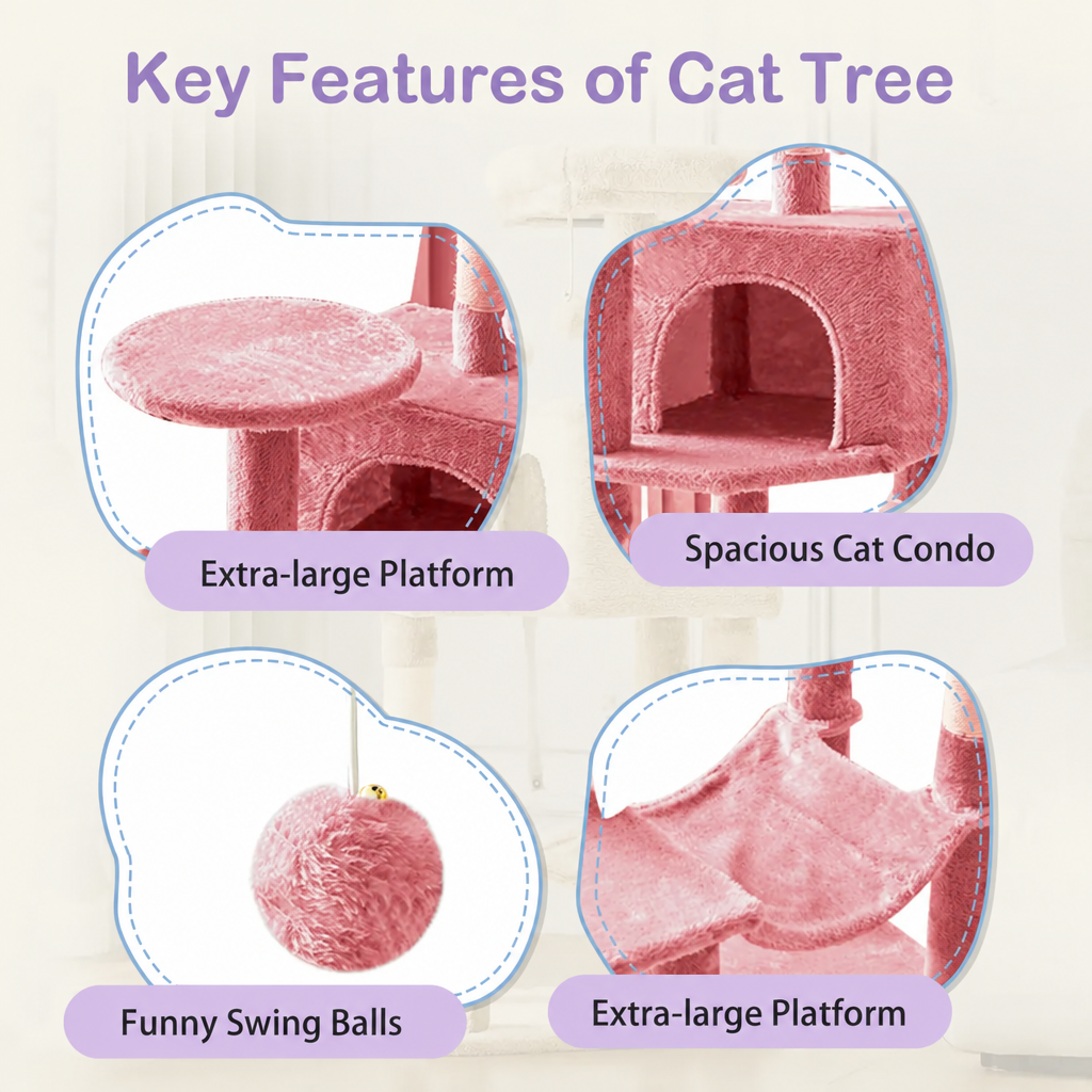 Cat tree feature graphic with lavender headline and labels