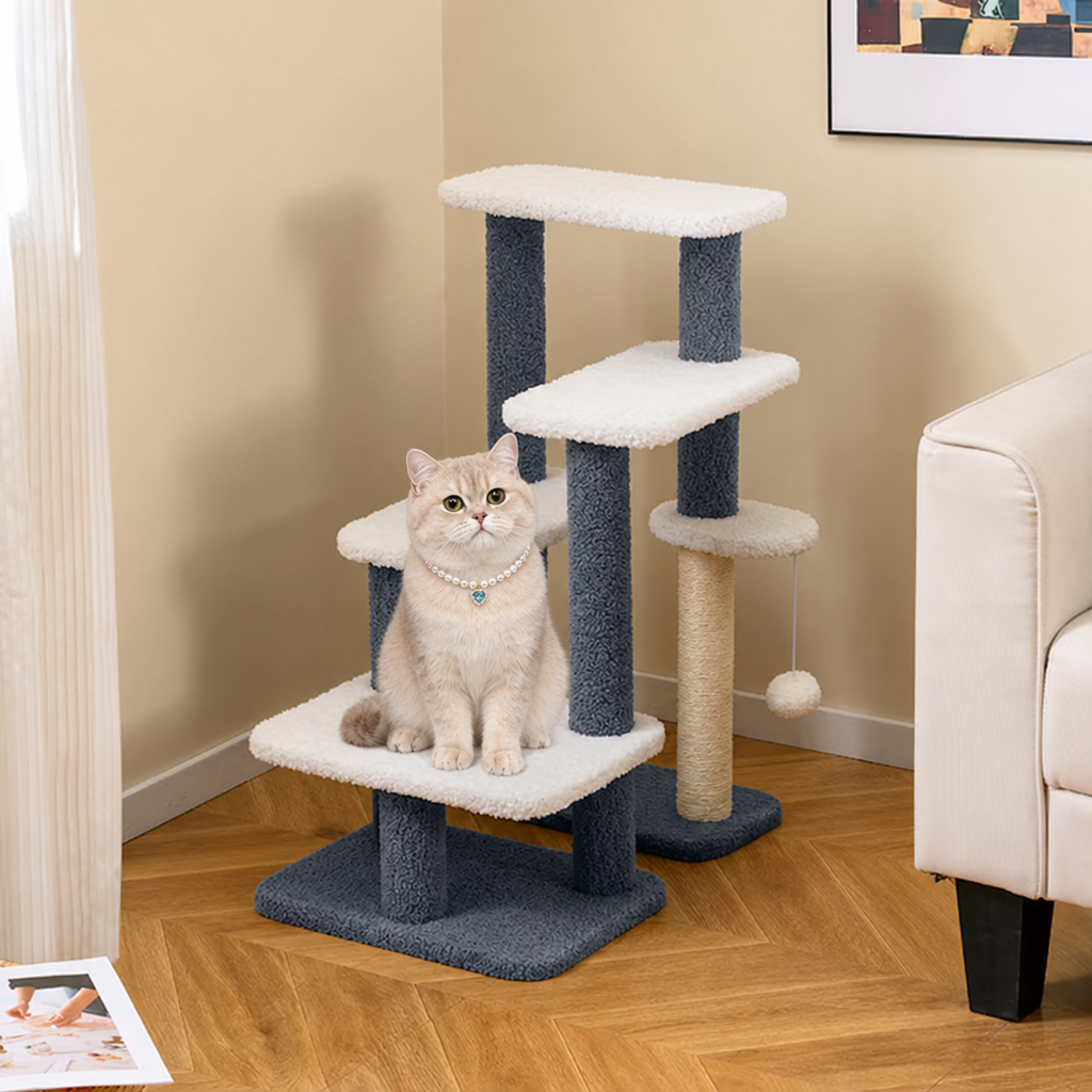 Cat-tree lifestyle concept with collared cat