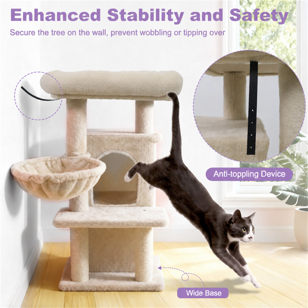 Cat tree stability graphic with lavender accents