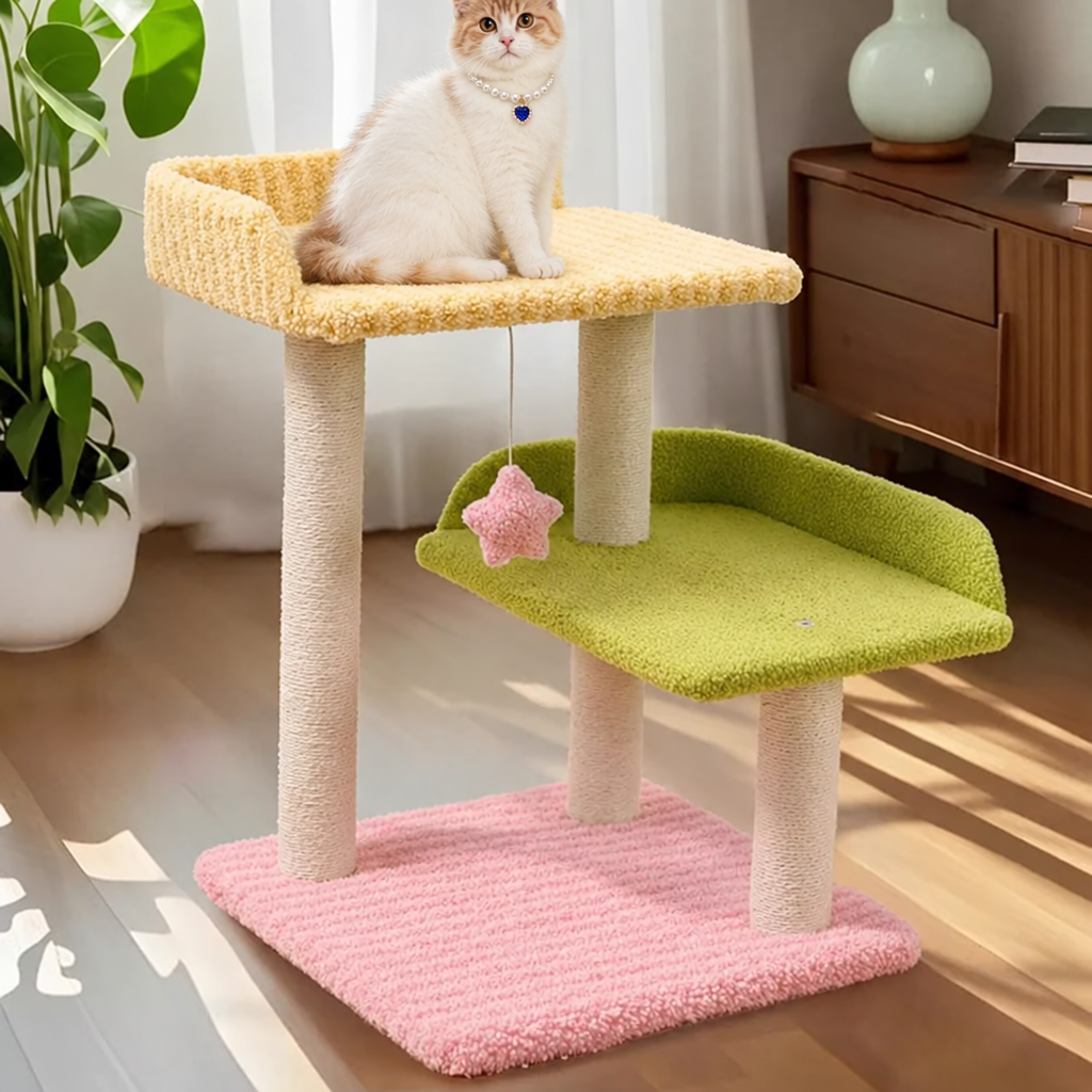 Cat tree with a cat wearing the Royal Blue Heart Gemstone Pearl collar
