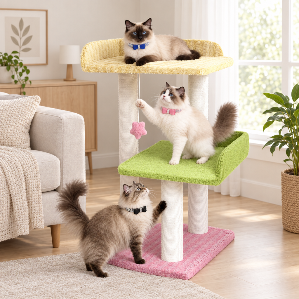 Cat tree with three cats wearing different crystal bow collars