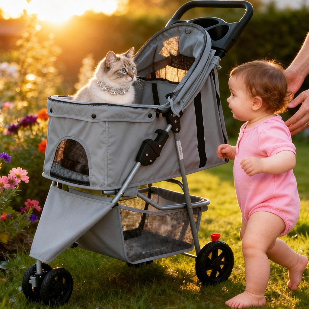 Cat wearing Diamond Diva collar in gray stroller