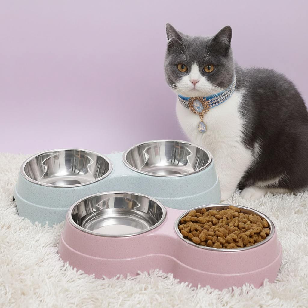 Gray and white cat wearing a blue rhinestone collar with pearl pendant sitting beside two double stainless steel pet bowl sets in mint blue and pink, one bowl filled with dry kibble, on a white fluffy carpet with lavender background
