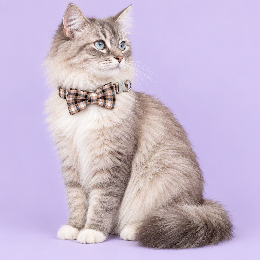 Cat with tan plaid bow collar