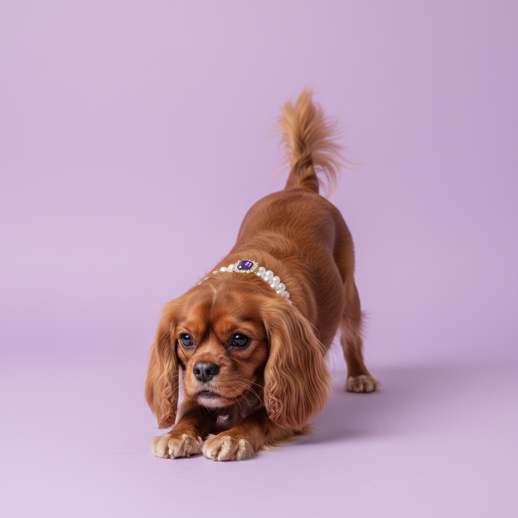 Cavalier King Charles Spaniel in a playful bow, wearing a double pearl collar with an amethyst gemstone pendant against a lavender background