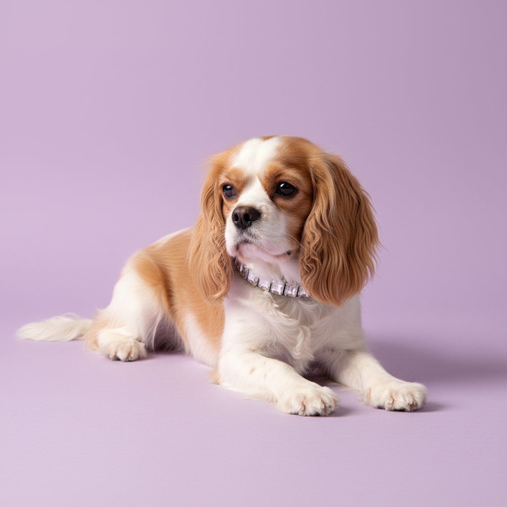 Cavalier King Charles Spaniel lying down and wearing a clear crystal rhinestone collar against a soft lavender studio background.