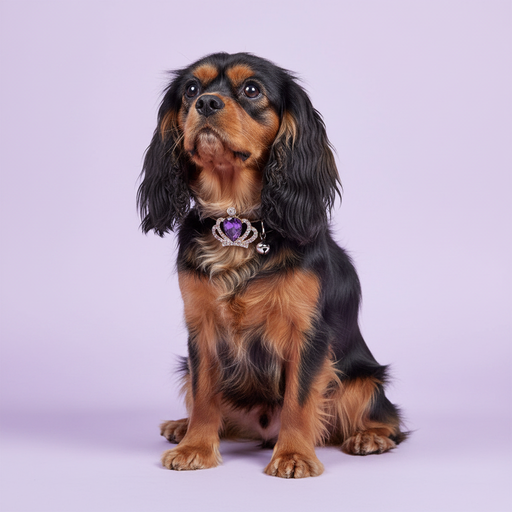 Cavalier King Charles Spaniel wearing black velvet dog collar with gold crown and purple amethyst teardrop gem pendant — luxury small dog collar