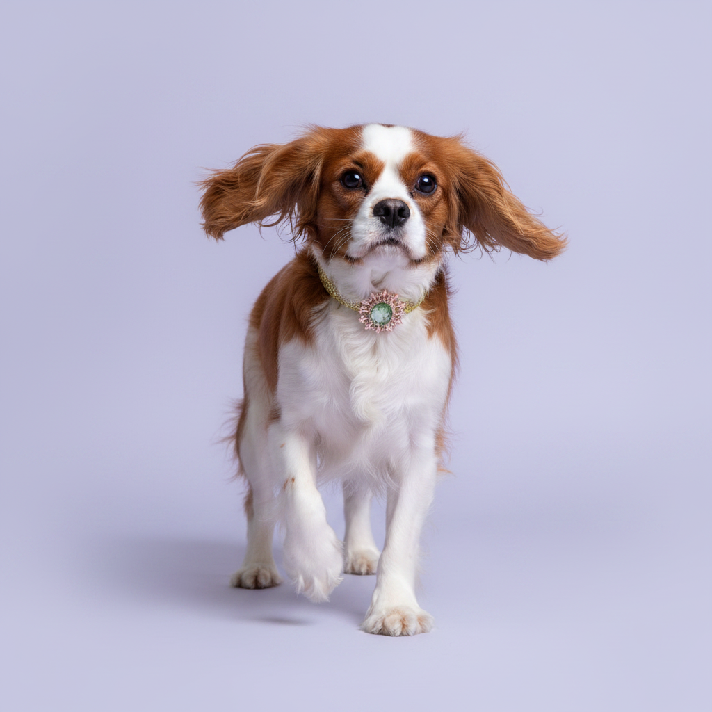 Blenheim Cavalier King Charles Spaniel mid-trot wearing a gold glitter dog collar with peridot green oval crystal sunburst pendant
