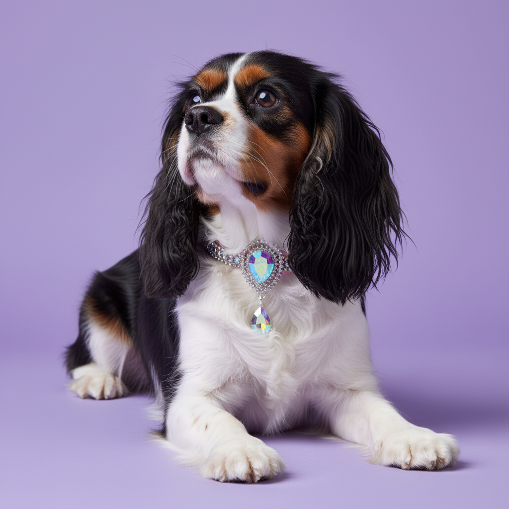 Tricolor Cavalier King Charles Spaniel wearing silver rhinestone dog collar with aurora borealis crystal teardrop pendant