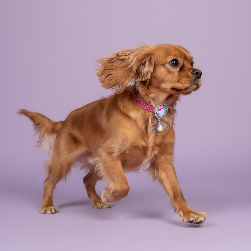 Ruby Cavalier King Charles Spaniel trotting in profile wearing a hot pink slim dog collar with a silver rhinestone and aurora borealis crystal teardrop pendant