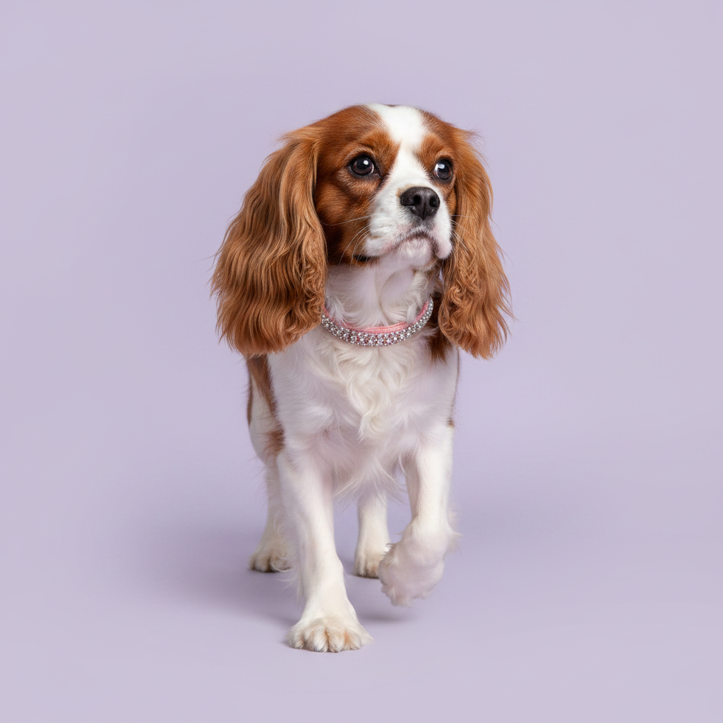 Blenheim Cavalier King Charles Spaniel mid-trot wearing a pink double-row crystal rhinestone collar, luxury rhinestone dog collar on lavender background
