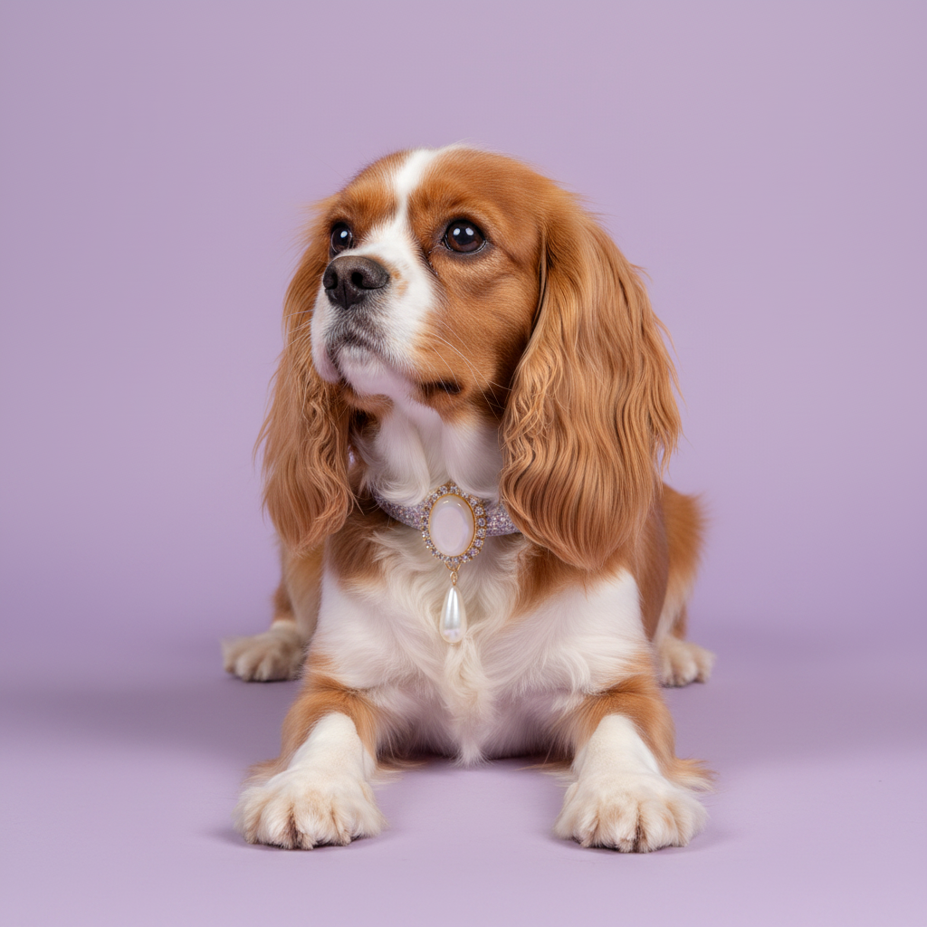 Blenheim Cavalier King Charles Spaniel lounging with paws extended and gazing upward wearing a silver rhinestone dog collar with a gold oval pearl and teardrop pendant