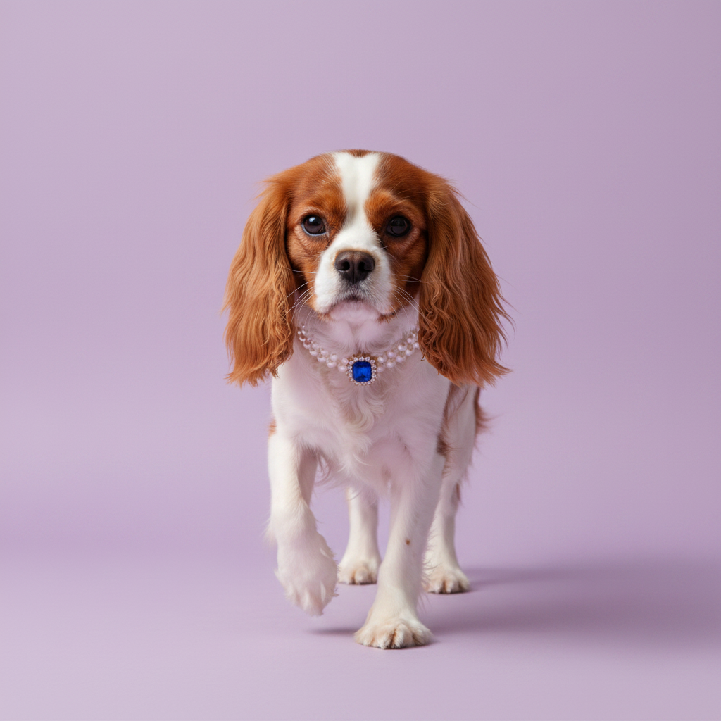 Cavalier King Charles Spaniel trotting toward the camera wearing a pearl collar with a blue gemstone pendant against a lavender background