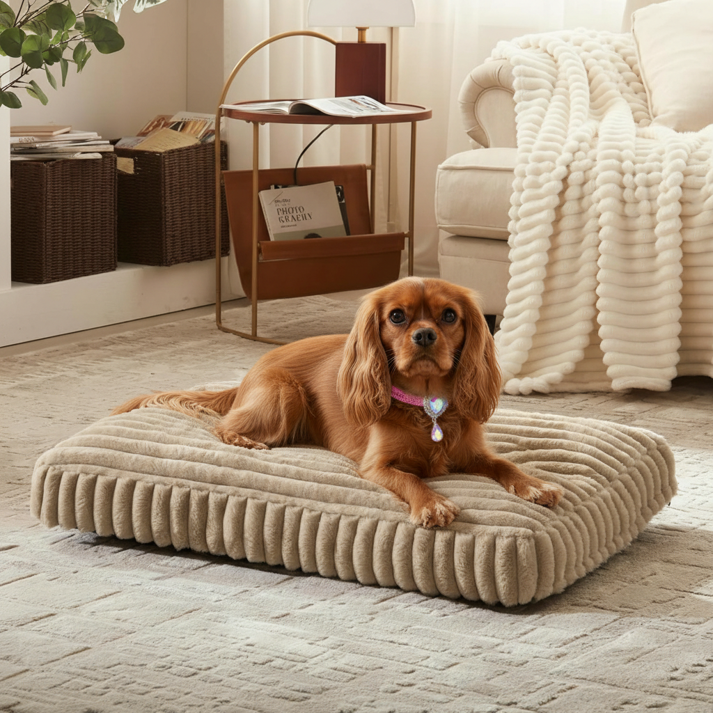 Ruby Cavalier King Charles Spaniel lying on a beige corduroy orthopedic pet mat in a warm neutral living room setting with a cream sofa, gold side table, and woven rug