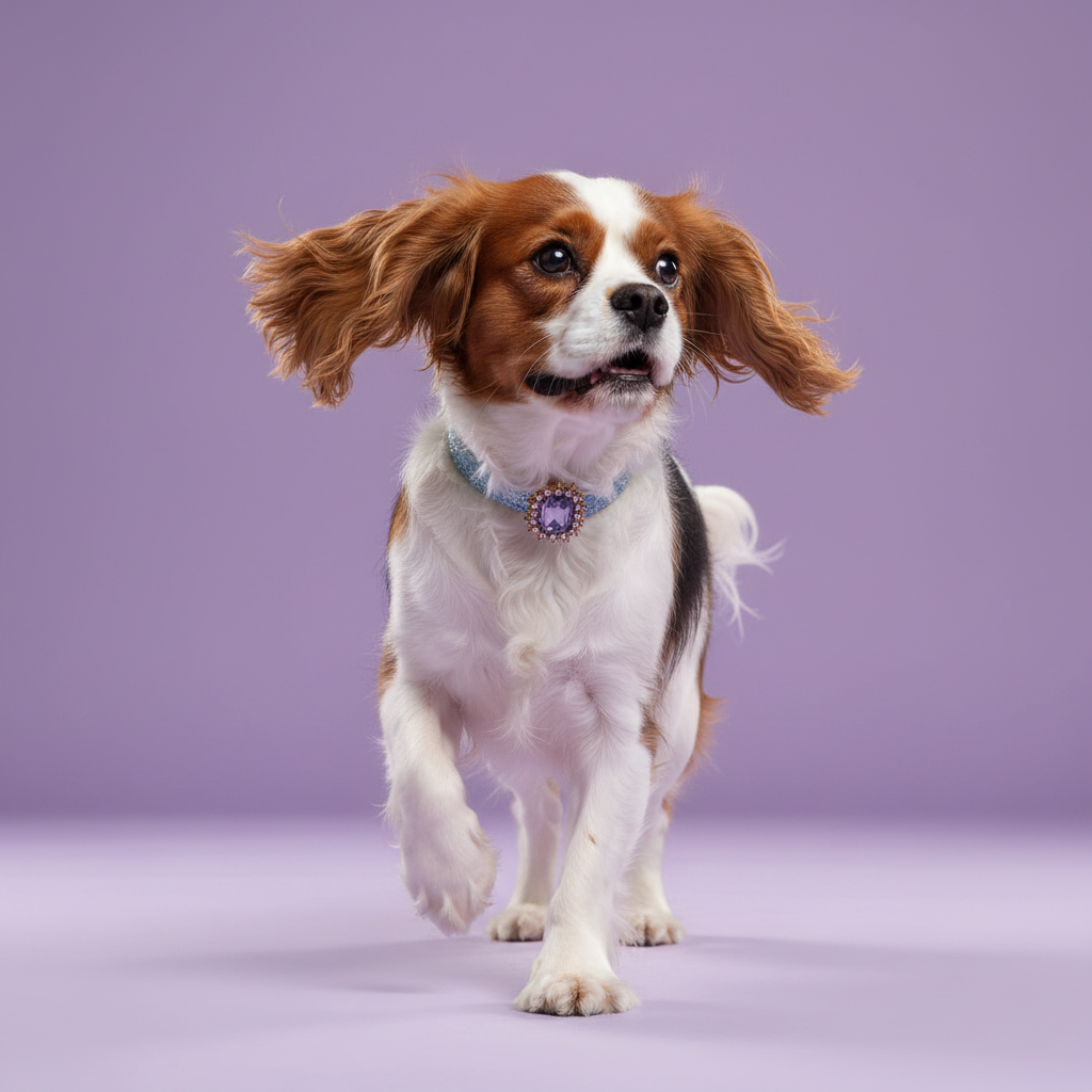 Blenheim Cavalier King Charles Spaniel mid-prance wearing a blue sapphire crystal rhinestone dog collar