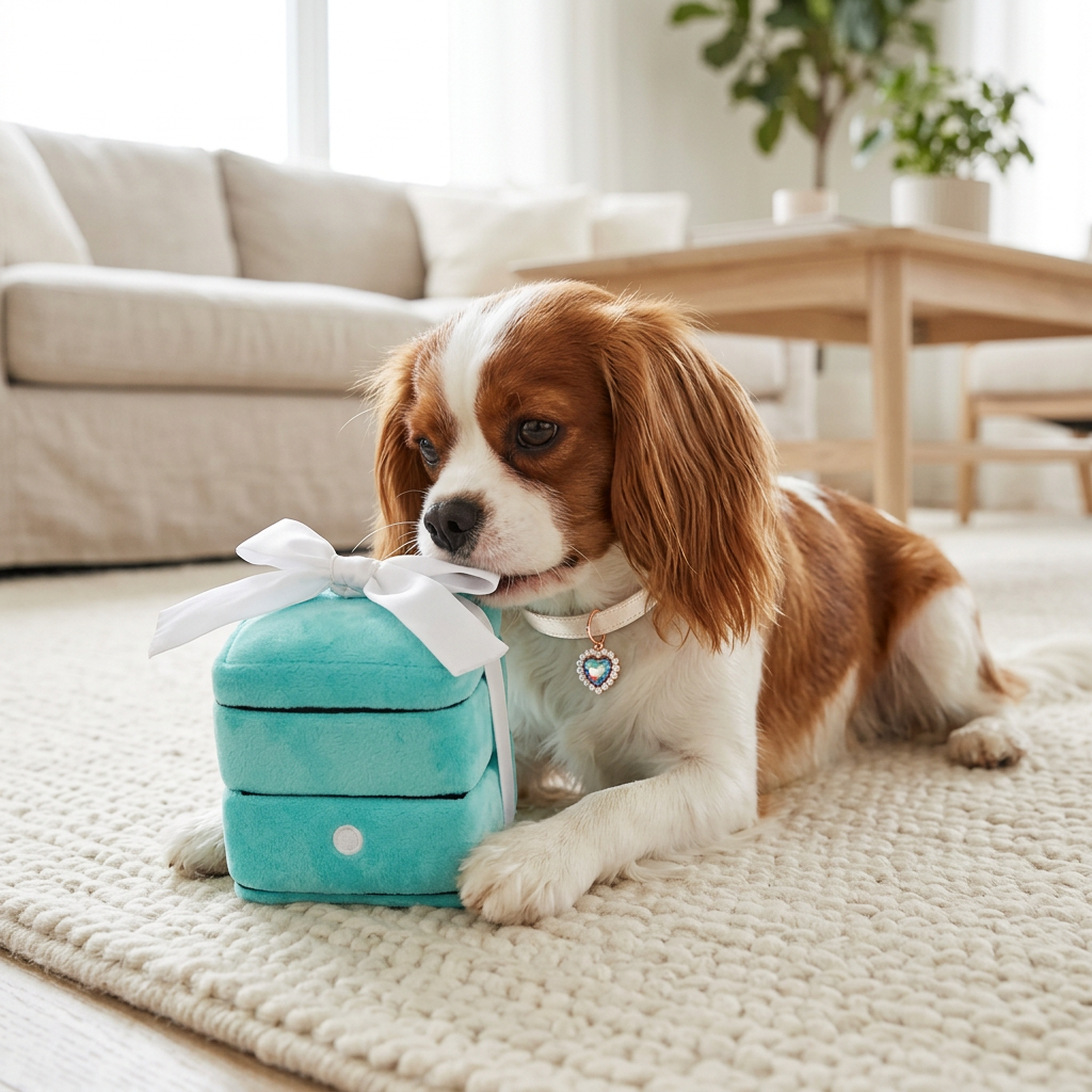Cavalier King Charles Spaniel mouthing the turquoise plush box, wearing the ivory heart-charm collar
