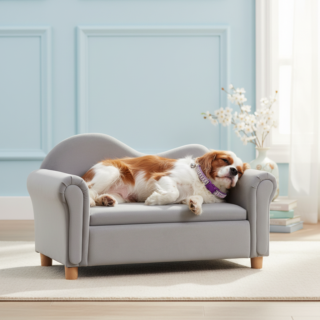 Cavalier King Charles spaniel relaxing on the gray loveseat wearing the exact purple rhinestone collar