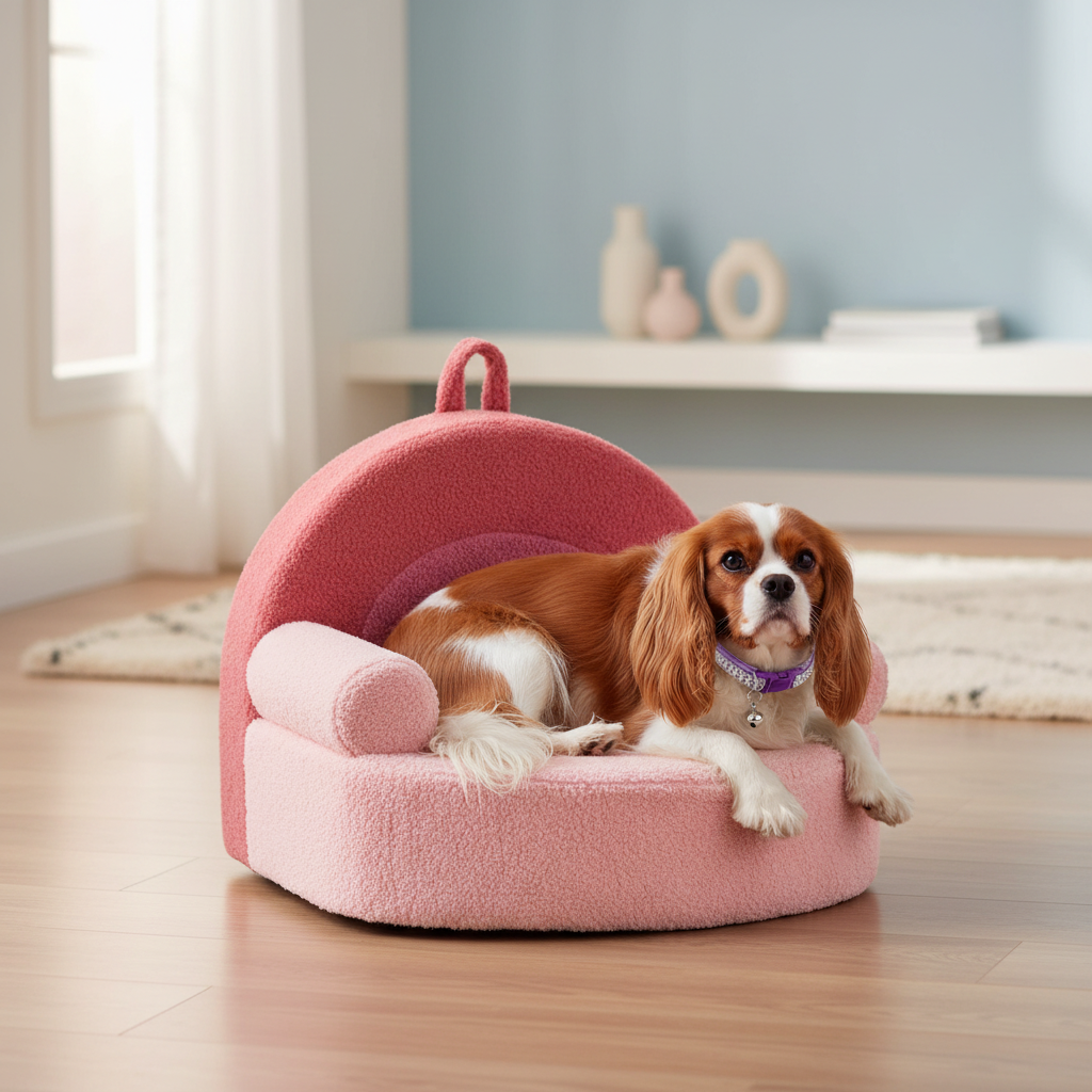 Cavalier King Charles spaniel relaxing on the pink pet chair wearing the exact purple rhinestone collar