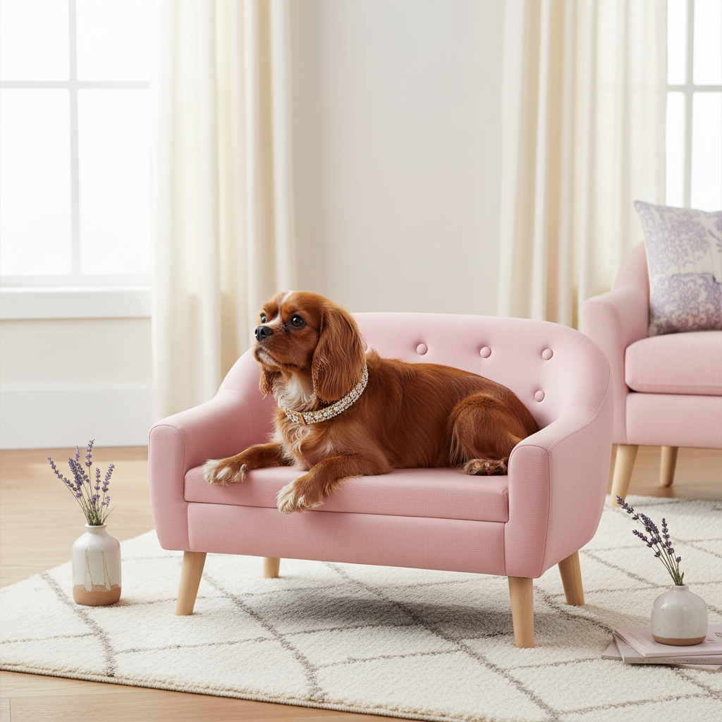 Cavalier King Charles Spaniel wearing the collar on the pink couch