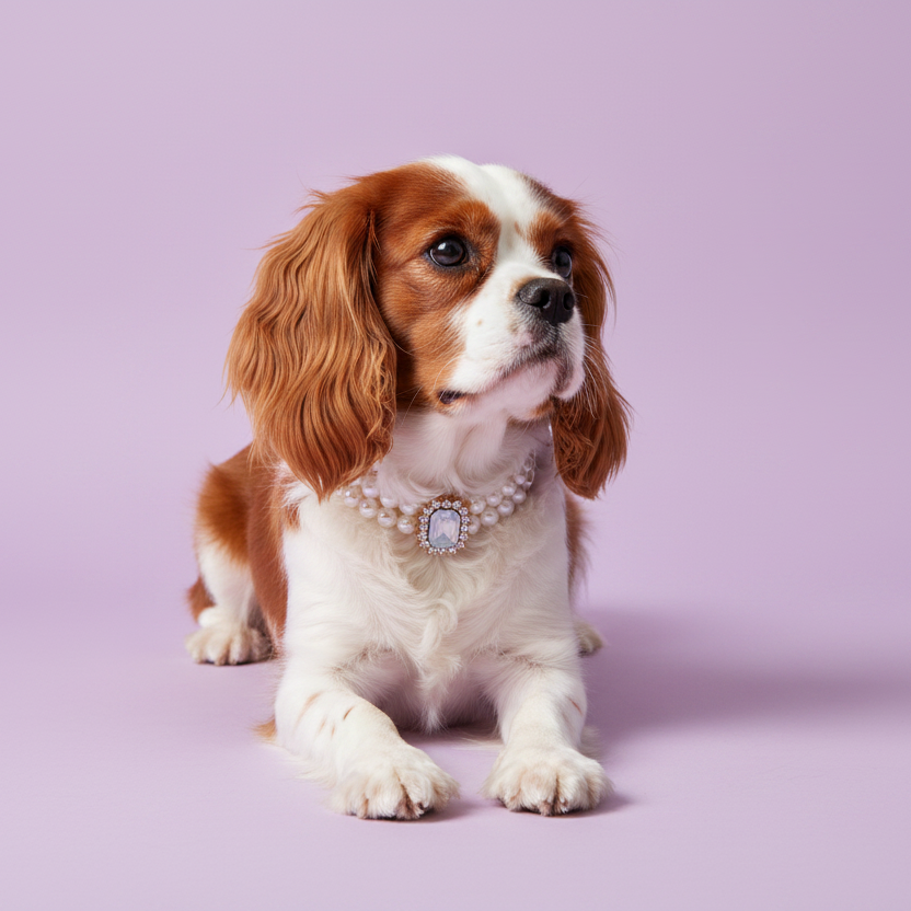 Cavalier King Charles Spaniel lying down and wearing a pearl collar with a lavender gemstone pendant against a lavender background