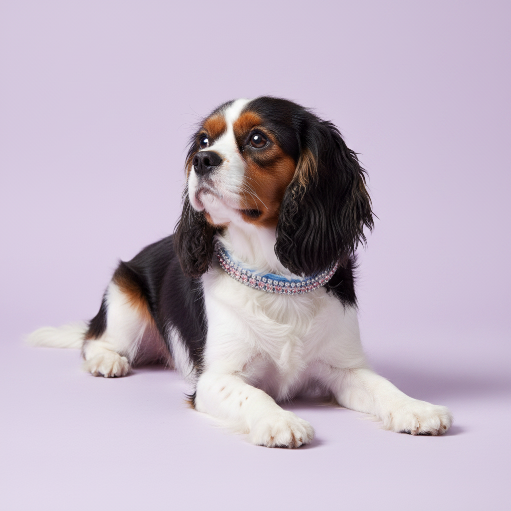 Tricolor black, white, and tan Cavalier King Charles Spaniel lying down with head raised and gazing upward in three-quarter view wearing a blue velvet triple-row pink and clear crystal rhinestone collar, luxury rhinestone dog collar on lavender background