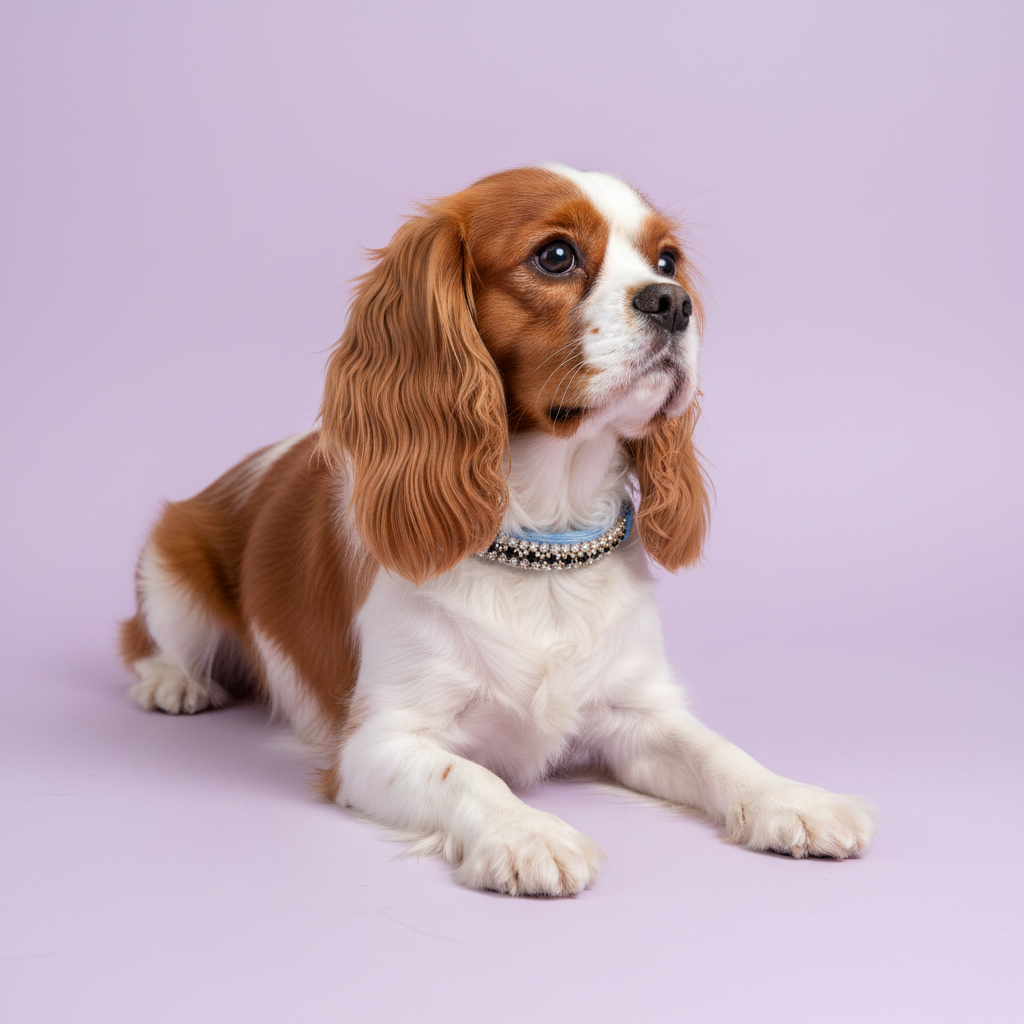 Blenheim Cavalier King Charles Spaniel lying down with head raised and gazing upward in three-quarter view wearing a blue velvet double-row clear crystal rhinestone collar, luxury rhinestone dog collar on lavender background