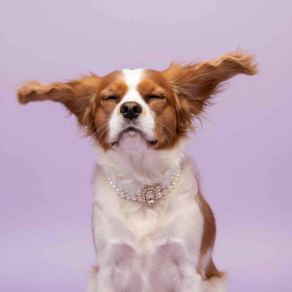 Cavalier King Charles Spaniel shaking head wearing luxury double-strand pearl dog collar with pink crystal centerpiece
