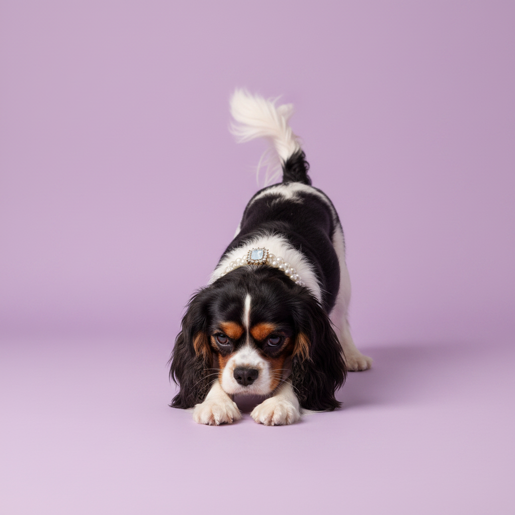Cavalier King Charles Spaniel playfully crouching and wearing a pearl collar with a moonstone pendant against a lavender background
