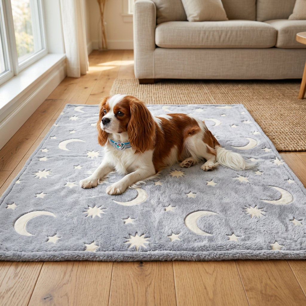 Cavalier on a generously sized moon-and-star mat