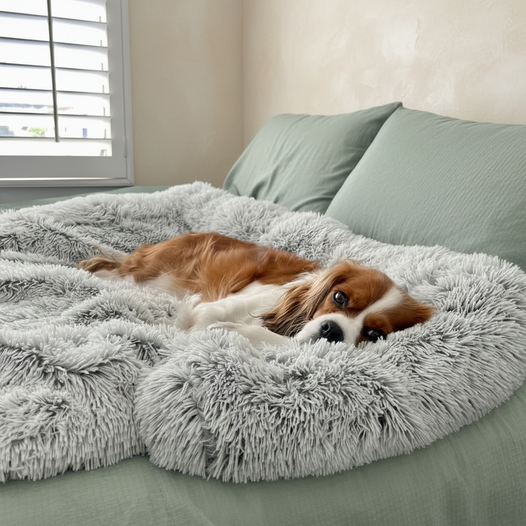 Cavalier King Charles Spaniel lying stretched out on a light grey long shaggy faux fur pet blanket draped over a bed with sage green linen bedding, beside a window with plantation shutters in a bright minimal bedroom