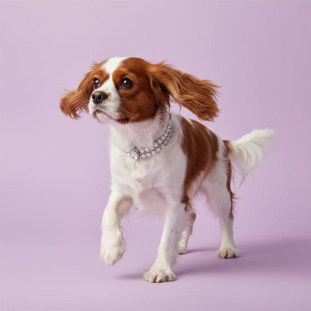 Blenheim Cavalier King Charles Spaniel in a mid-stride walking pose with ears flying, wearing the double-strand white pearl collar with a marquise-cut crystal centerpiece, on a soft lavender background 