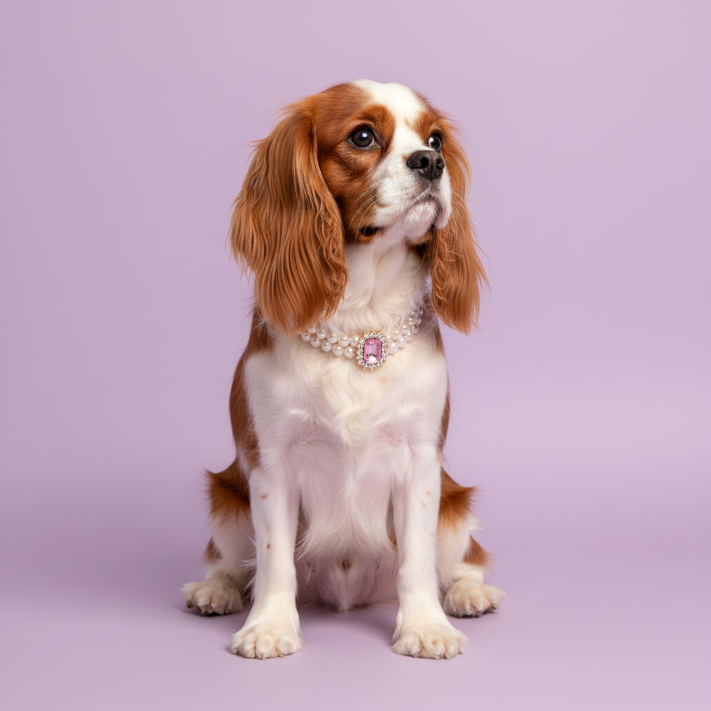 Cavalier King Charles Spaniel wearing luxury double-strand pearl dog collar with pink crystal centerpiece on lavender background