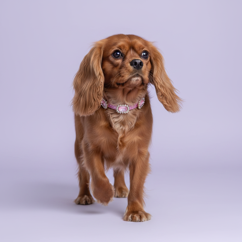 Dark-eyed ruby Cavalier King Charles Spaniel trotting toward camera and facing forward wearing a pink glitter rhinestone collar with a rhinestone-framed blush pink oval crystal centerpiece, luxury sparkle oval gem dog collar for small breeds on solid lavender background