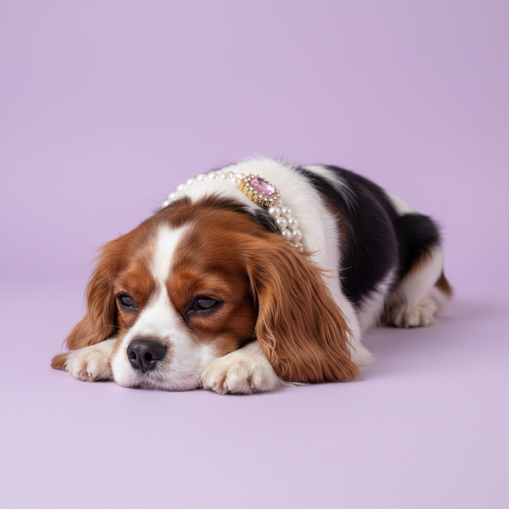 Tricolor Cavalier King Charles Spaniel lying down relaxed wearing luxury double-strand pearl dog collar with pink crystal centerpiece on lavender background